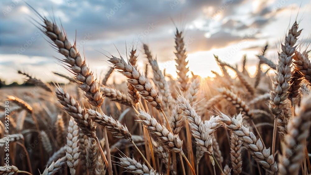 Obraz premium Beautiful wheat field in the sunset . Autumn landscape harvest background.