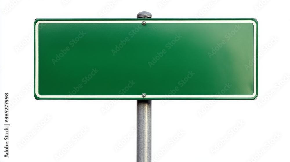 Empty blank green road sign on a sturdy metal pole isolated on white background Empty blank green road sign on a sturdy metal pole isolated on white background