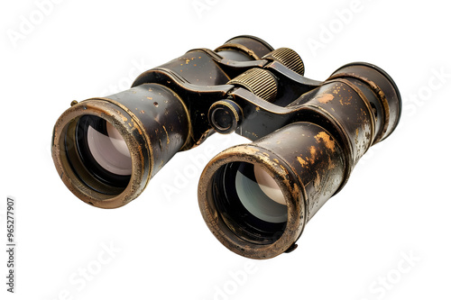 Vintage binoculars with leather strap, classic exploration tool. Isolated on a transparent background