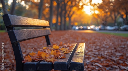 Autumn Scene of a Park with Fallen Leaves on a Bench, Blurred Background of Trees and Cars in the City Center, Sunlight and Warm Colors, Capturing Autumn in New Zealand