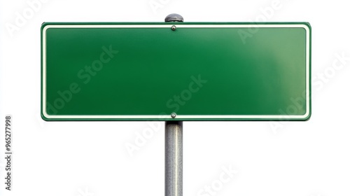 Empty blank green road sign on a sturdy metal pole isolated on white background