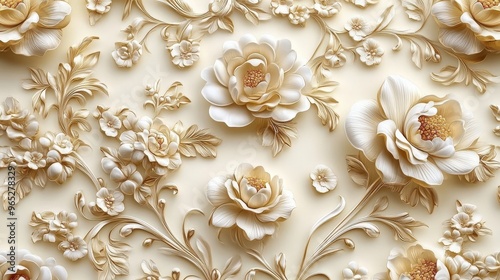 Luxurious classic home interior decor highlighted by an elegant ornate floral 3D wallpaper.