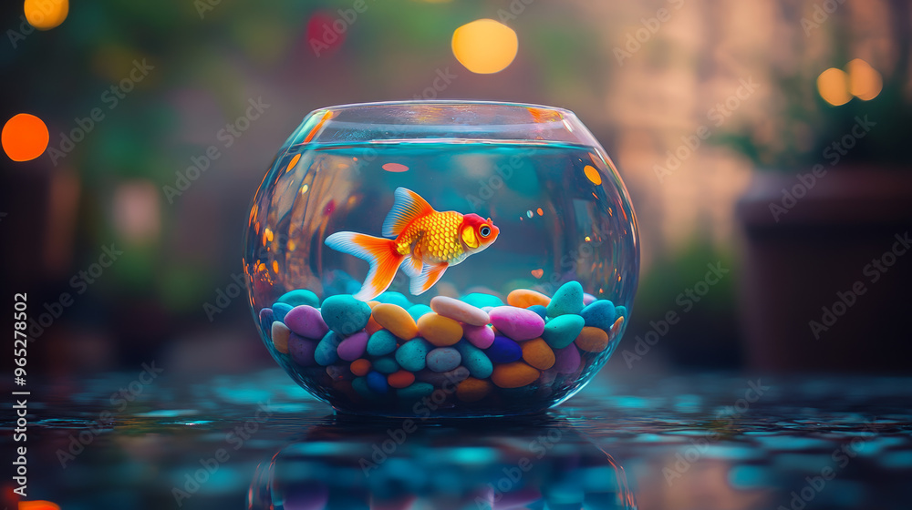 Goldfish in a Round Glass Aquarium with Colorful Pebbles Goldfish in a Round Glass Aquarium with Colorful Pebbles