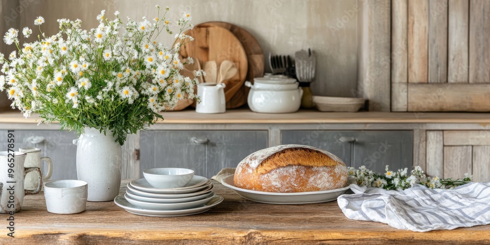 Rustic Kitchen Still Life with Fresh Bread and Flowers. Rustic Kitchen Still Life with Fresh Bread and Flowers.