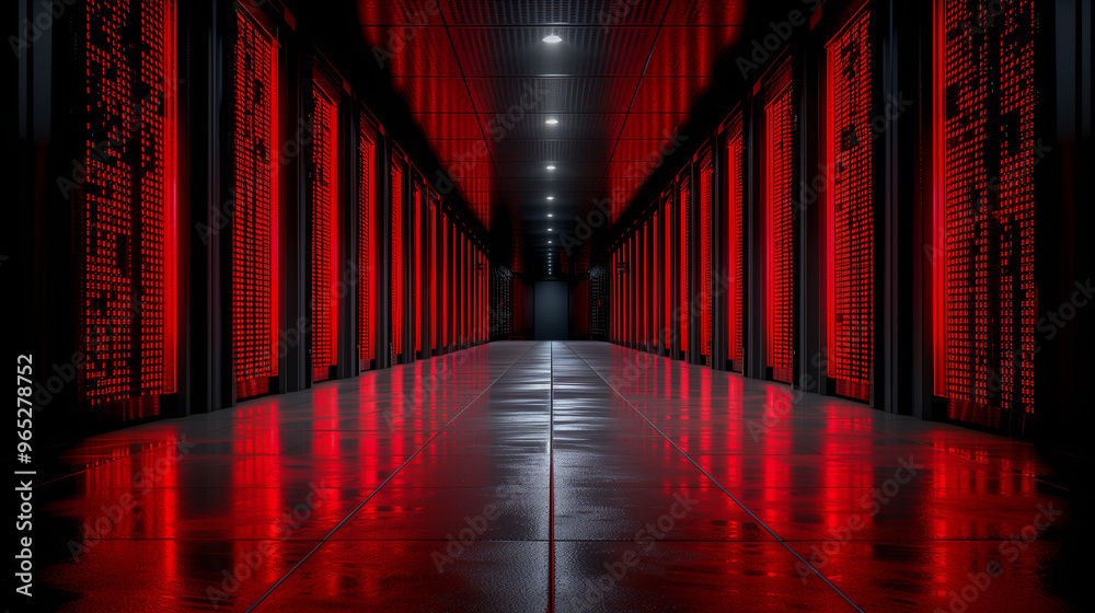Fototapeta premium Red Neon-Lit Data Center Hallway with Reflective Floor..