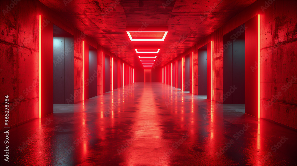 Futuristic Red Neon-Lit Corridor with Reflective Floor Futuristic Red Neon-Lit Corridor with Reflective Floor
