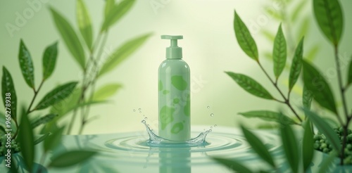 Green Natural Beauty Product in Water with Leaves, product shooting,