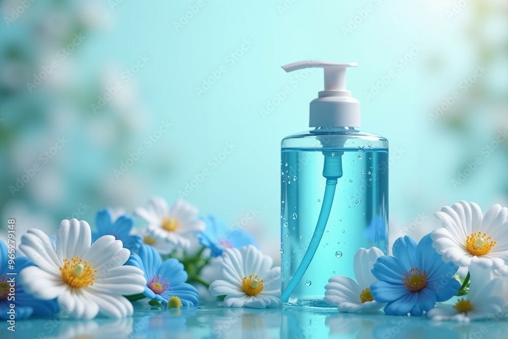 Blue Hand Sanitizer Bottle with Flowers on a Blue Background, product shooting, Blue Hand Sanitizer Bottle with Flowers on a Blue Background, product shooting,