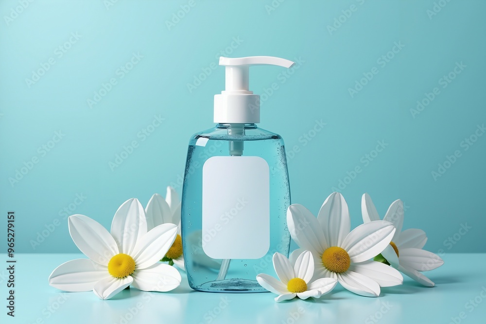 Hand Sanitizer Bottle with White Flowers on a Blue Background, product shooting,