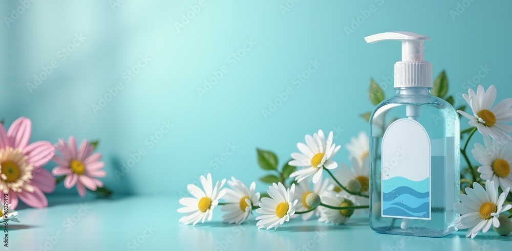 Hand Sanitizer Bottle with Daisies on a Blue Background, product shooting, Hand Sanitizer Bottle with Daisies on a Blue Background, product shooting,