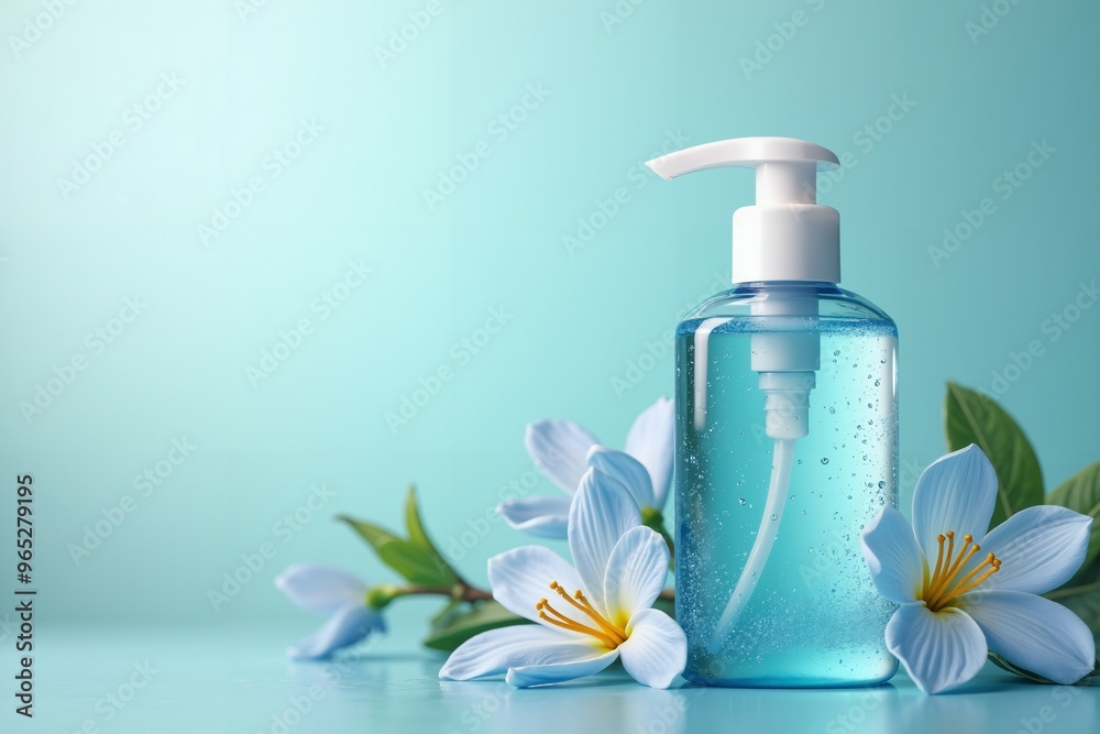 Blue Hand Sanitizer Bottle With Flowers on Turquoise Background, product shooting, Blue Hand Sanitizer Bottle With Flowers on Turquoise Background, product shooting,