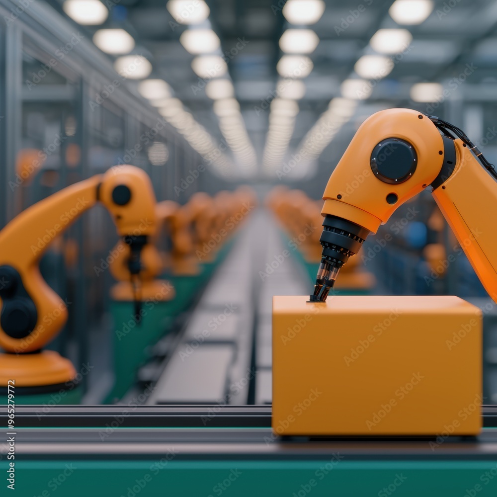 Futuristic Robotic Assembly Line in High-Tech Factory - with Copy Space, Selective Focus,