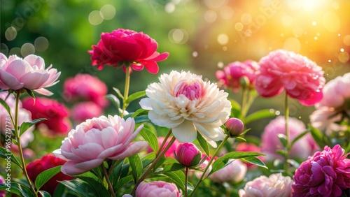 Blooming peonies in the sunlight, vibrant garden flowers with dew drops and copy space