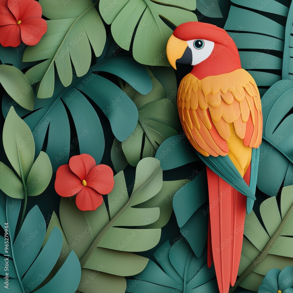 Fototapeta premium Lush Tropical Rainforest Digital Painting with Exotic Birds and Plants Copy Space - Environment