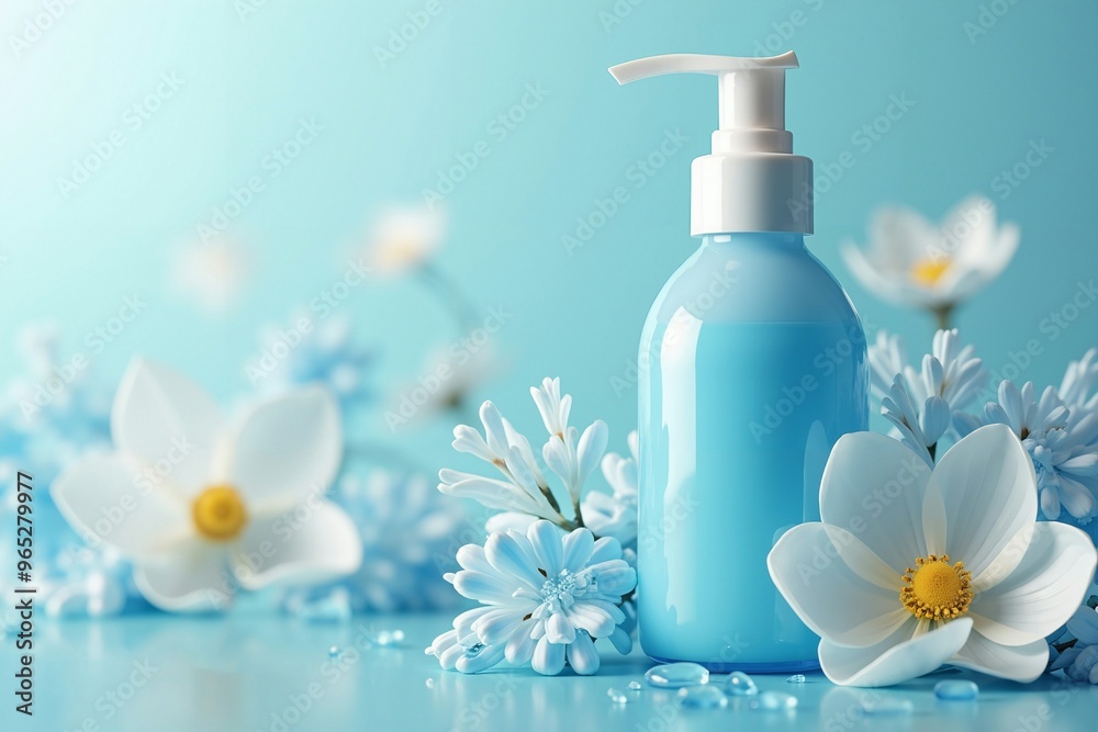Blue Liquid Soap Bottle with Flowers and Water Drops on a Blue Background, product shooting, Blue Liquid Soap Bottle with Flowers and Water Drops on a Blue Background, product shooting,