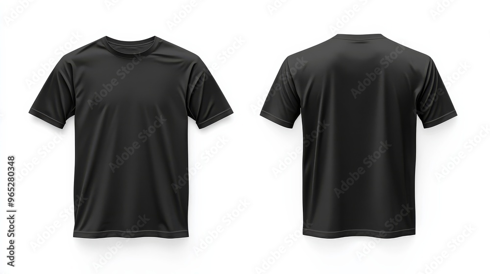 Premium blank black t-shirt template displayed with both front and rear views, featuring lifelike short sleeves on a clean white background. Premium blank black t-shirt template displayed with both front and rear views, featuring lifelike short sleeves on a clean white background.