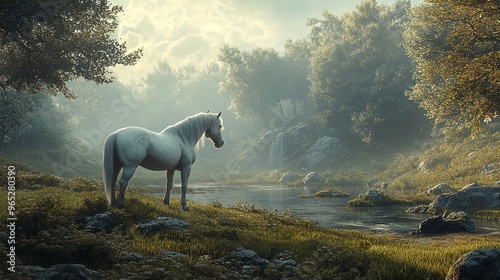 A tranquil forest glade with a unicorn gazing peacefully. photo