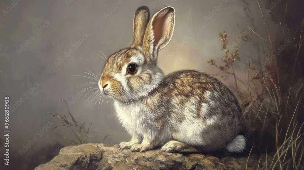 Fototapeta premium A Close-Up Portrait of a Brown and White Rabbit Sitting on a Rock