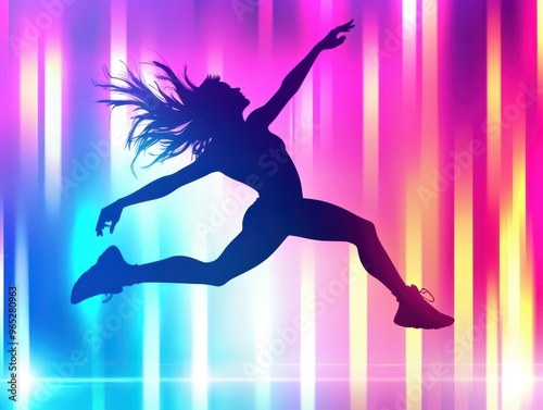 A vibrant silhouette of a dancer leaping against a colorful illuminated background, showcasing energy and movement.