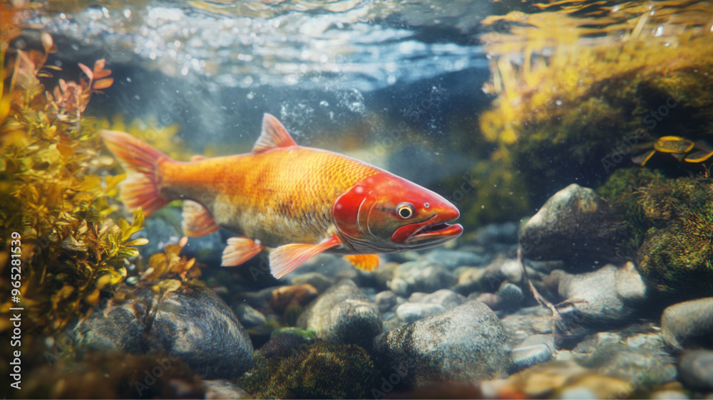 a brightly coloured salmon swimming upstream a brightly coloured salmon swimming upstream