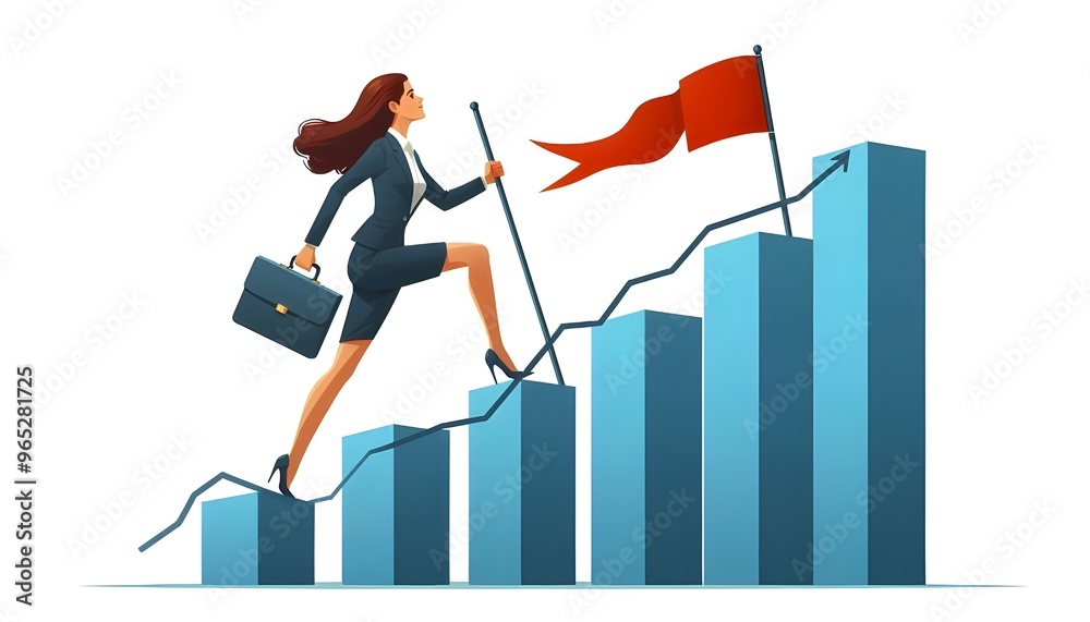 Businesswoman in a suit climbing a blue bar graph with a flag at the top. Isolated on a white background. Concept of career growth and success Businesswoman in a suit climbing a blue bar graph with a flag at the top. Isolated on a white background. Concept of career growth and success