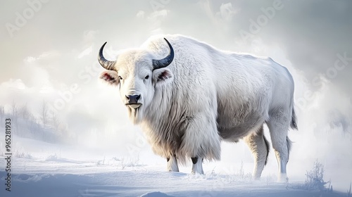 A powerful white buffalo stands peacefully on a pristine snowy canvas, symbolizing mythological importance and serene beauty.