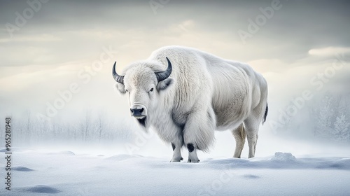 Exuding tranquility and mythological relevance, the grandeur of a lone white buffalo contrasts with its immaculate white surroundings. photo