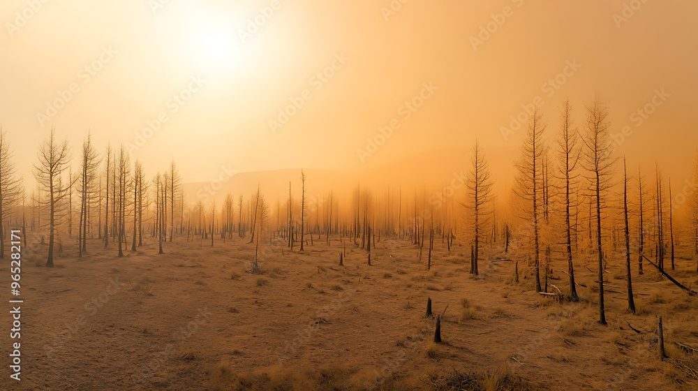 A forest gradually fading into a barren desert, capturing the creeping effects of desertification due to climate change and deforestation. A forest gradually fading into a barren desert, capturing the creeping effects of desertification due to climate change and deforestation.