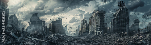 A post-apocalyptic cityscape with crumbling buildings and a dark, ominous sky