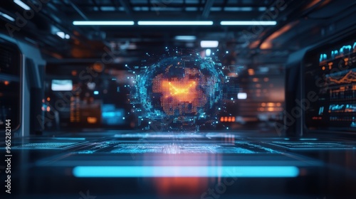 A transparent holographic light interface floating in a tech space, displaying translucent data points and graphs.