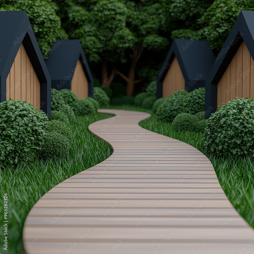 Fototapeta premium Enchanting Elf Village in Forest with Wooden Walkways for Text Selective Focus