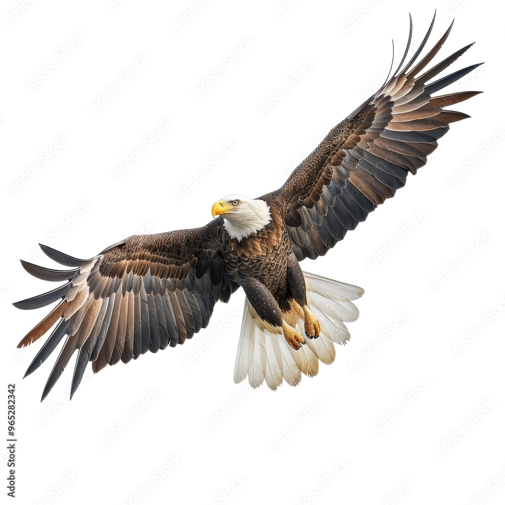 Obraz premium A majestic bald eagle soars through the clear blue sky, showcasing its impressive wingspan and striking feather patterns in mid-flight