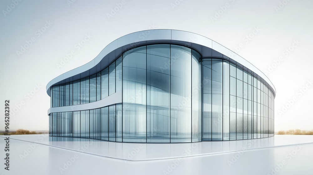 A contemporary curved glass structure is prominently displayed on a smooth white cement surface, complemented by a clean white backdrop that emphasizes its minimalist elegance. A contemporary curved glass structure is prominently displayed on a smooth white cement surface, complemented by a clean white backdrop that emphasizes its minimalist elegance.