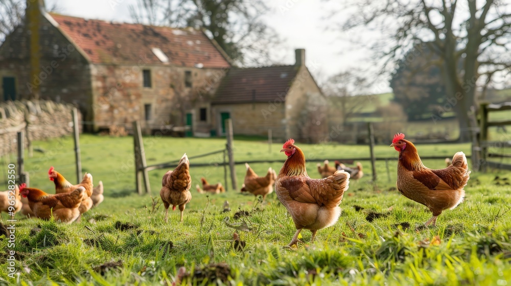 Fototapeta premium Chickens pecking around a traditional farmyard