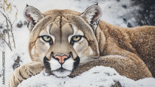 A Close-Up Portrait of a Cougar Resting in the Snow photo