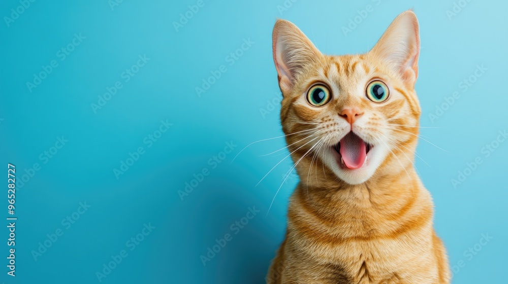 A startled ginger cat with large, expressive eyes appears surprised against a vibrant blue backdrop, inviting creative text addition for various uses A startled ginger cat with large, expressive eyes appears surprised against a vibrant blue backdrop, inviting creative text addition for various uses