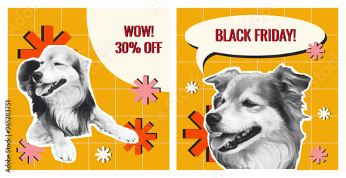 Black Friday Sale Promotion, Halftone Collage with cute dog