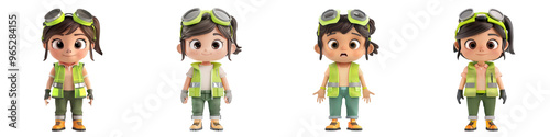 Animated character with goggles and helmet in various poses, wearing a green vest and blue pants, over white background.