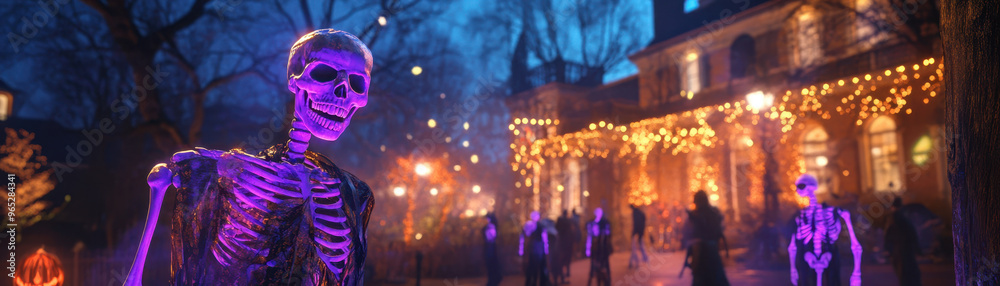 Obraz premium A vibrant Halloween scene featuring glow in dark skeletons in creative costumes, surrounded by festive lights and decorations. atmosphere is spooky yet playful, perfect for celebrating holiday