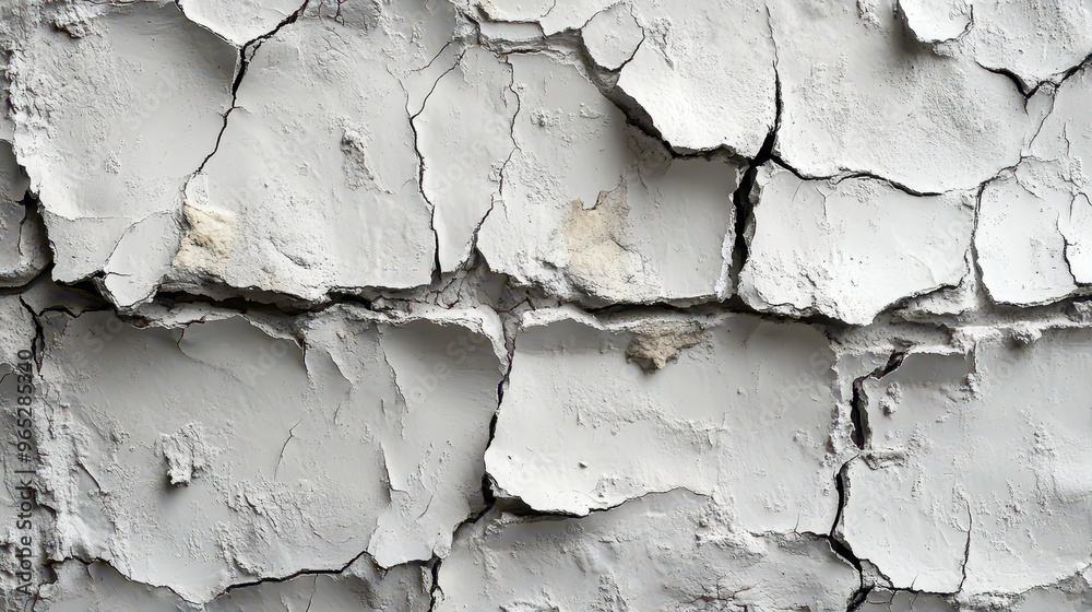 Obraz premium Close-Up Abstract Background of a White Cracked Wall with Peeling Paint in Black and Gray Tones, Representing the Concept of Dry Skin or Cosmetics for Dry Skin Care