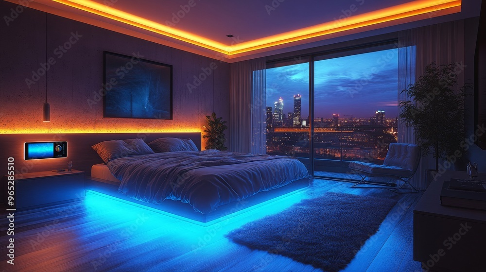 Modern bedroom with smart lighting and holographic alarm at dusk featuring a city view Modern bedroom with smart lighting and holographic alarm at dusk featuring a city view