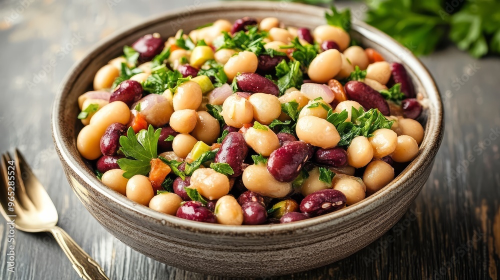 A bowl filled with a vibrant three bean salad garnished with fresh parsley. A bowl filled with a vibrant three bean salad garnished with fresh parsley.