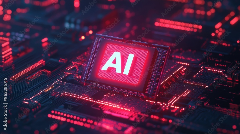 A glowing red microchip with holographic A glowing red microchip with holographic