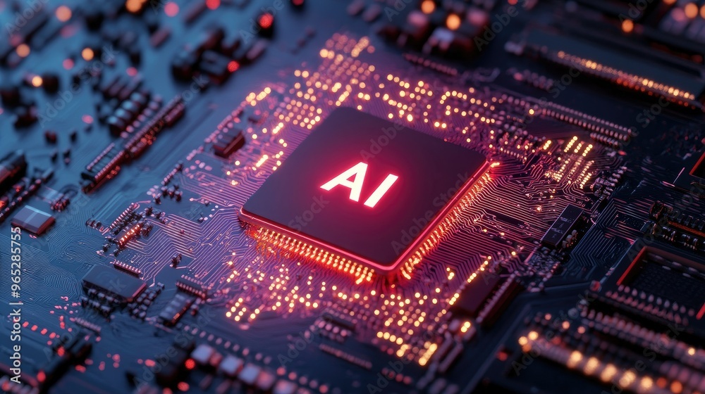 A glowing red microchip with holographic A glowing red microchip with holographic