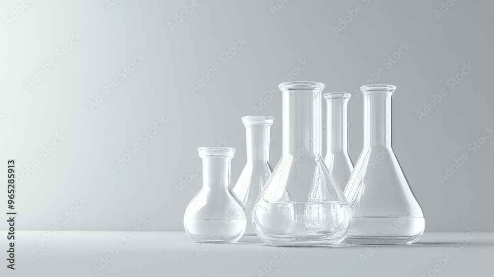 A group of chemical flasks on a solid grey background, with soft lighting giving a serene scientific feel. A group of chemical flasks on a solid grey background, with soft lighting giving a serene scientific feel.