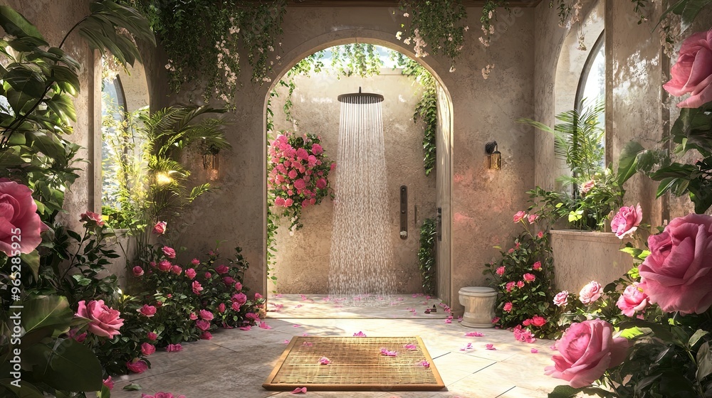 Fototapeta premium Transform Your Space with a Stunning Poster: A Luxurious Bathing Area Featuring a Stylish Shower Surrounded by Blooming Pink Roses and Lush Foliage for a Tranquil Ambiance