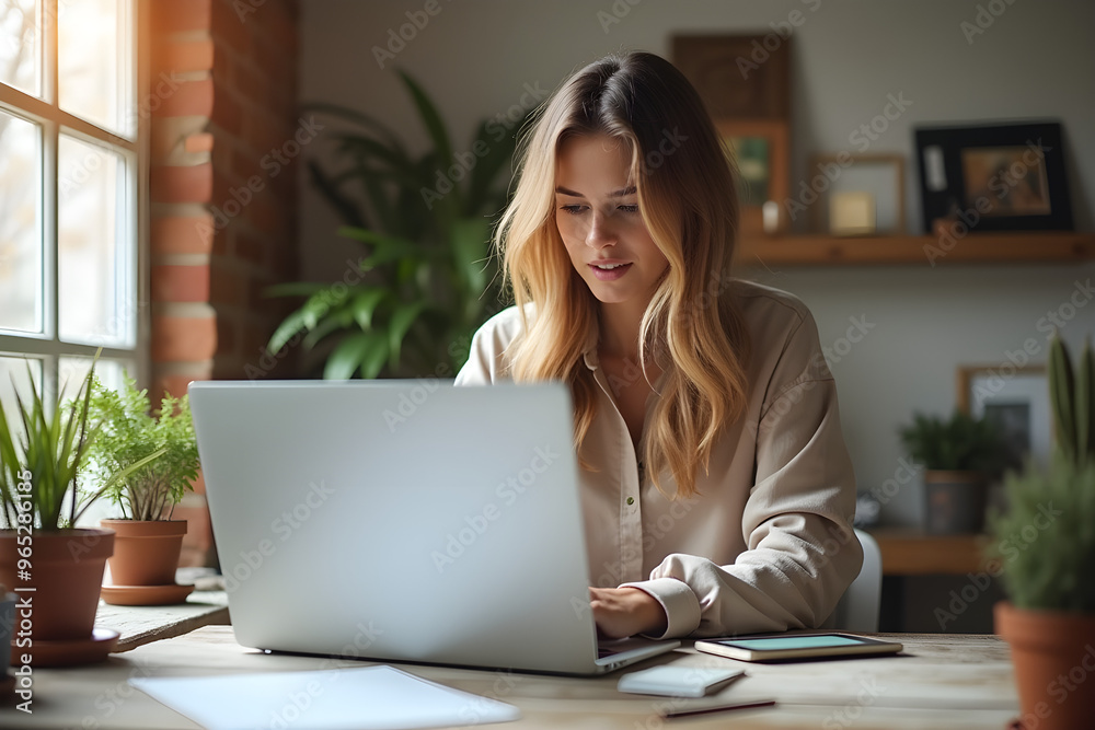 Creative young woman working on laptop in her studio Creative young woman working on laptop in her studio