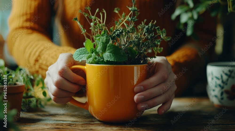 An herbalist fills an orange cup with medicinal tea made with dry herbs and mint. idea of using conventional medicine at home.
