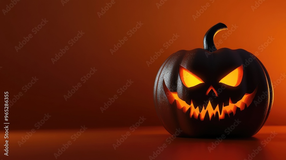 A menacing 3D jack-o-lantern with an eerie grin, its glow casting ominous shadows on a deep orange background, perfect for Halloween themes. A menacing 3D jack-o-lantern with an eerie grin, its glow casting ominous shadows on a deep orange background, perfect for Halloween themes.