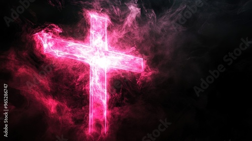 Illuminate Your Space: A Luminous Pink Cross in Ethereal Mist - Perfect as a Dramatic Sports Interior Poster Against a Deep Black Backdrop